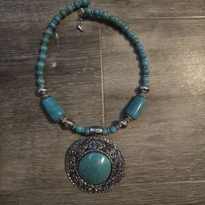 Turquoise And Silver-Toned Choker Necklace Fluorescent Filigree Medallion Pendan